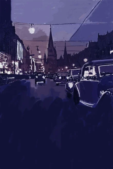 Illustration of a Berlin street in 1930