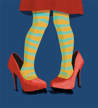 Illustration of a girl's legs wearing striped stockings and high heels