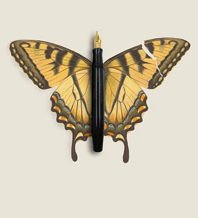 Collage of a fountain pen with butterfly wings.