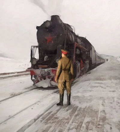 Illustration of a russian train and a military