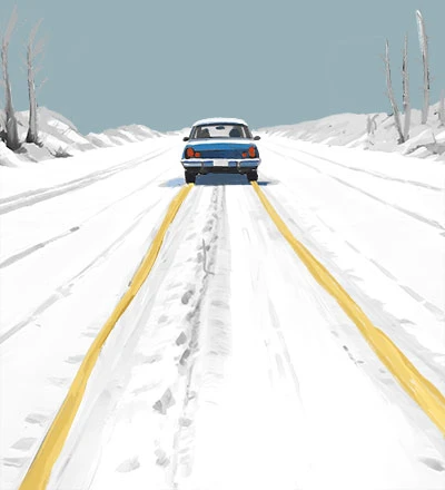 illustration of a blue car driving through the snow