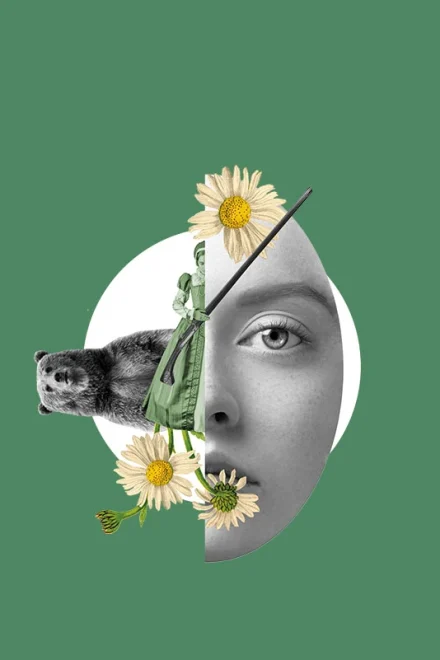 Collage with woman, bear and daisies