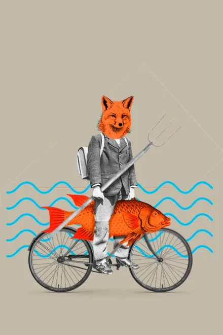Collage of a fox-boy with a fish on a bicycle