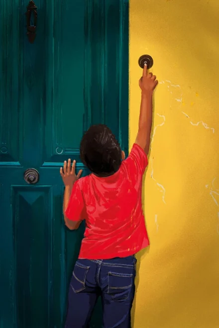 Boy ringing a doorbell