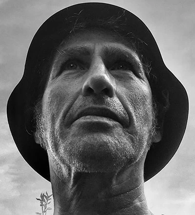 Black and white Photo of an man with a helmet