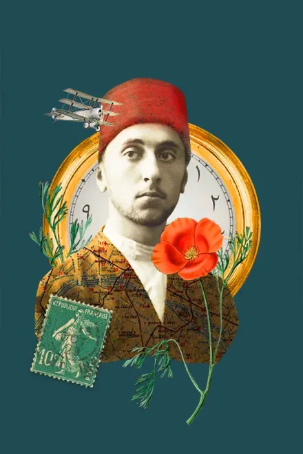 Collage with a man, a stamp, a plane and a poppy