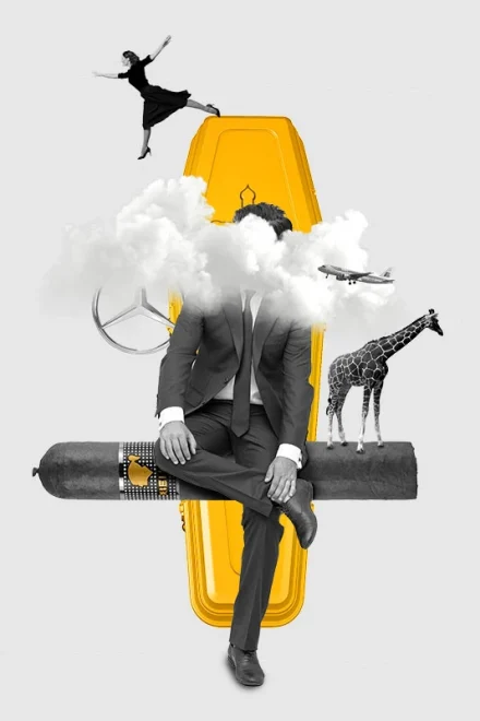 Collage with a man, a giraffe, a golden coffin, a cigar, and a cloud