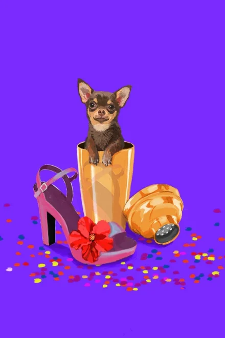Illustration of a chihuahua in a cocktail shaker with confetti and party shoe