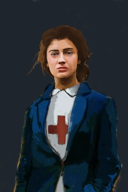 Illustration of a young Red-cross nurse in a coat