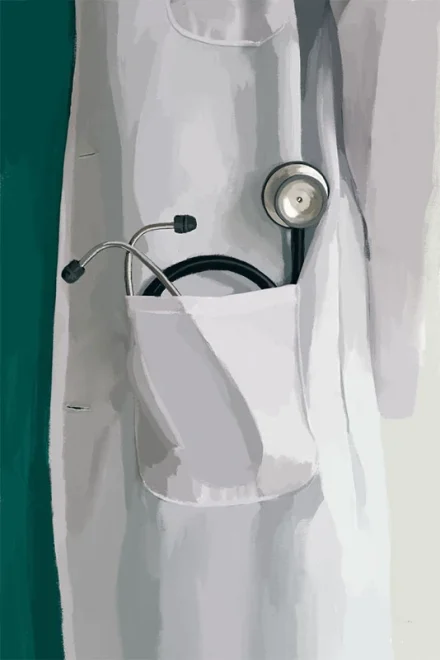 Illustration of a stethoscope in the pocket of a doctor's coat