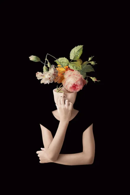 Collage of a woman with flowers on her head