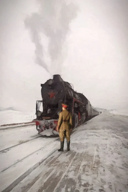 Illustration of a russian train and a military