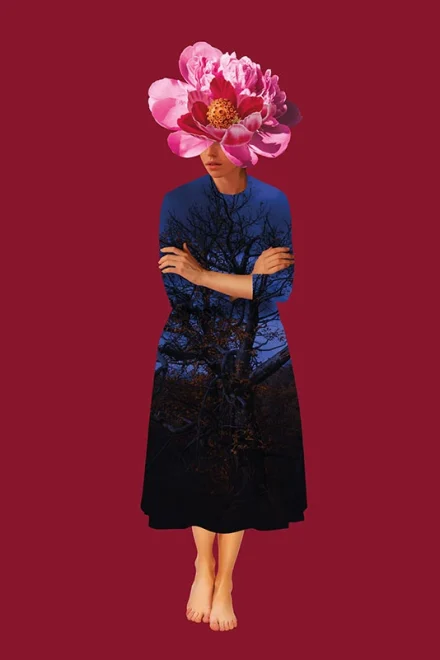 Collage of a woman with flowers and viruses