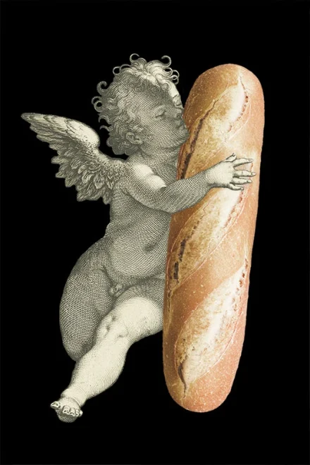 Collage of an angel kissing a loaf of bread