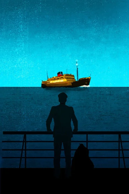 Illustration of a man in a ship with another ship on the horizon