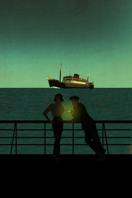 Illustration of a couple on a boat with another boat on the horizon