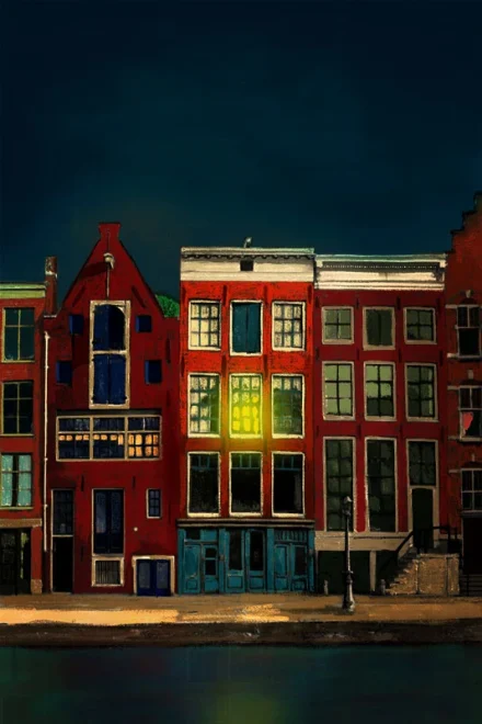 Illustration of the Anne Frank House by night