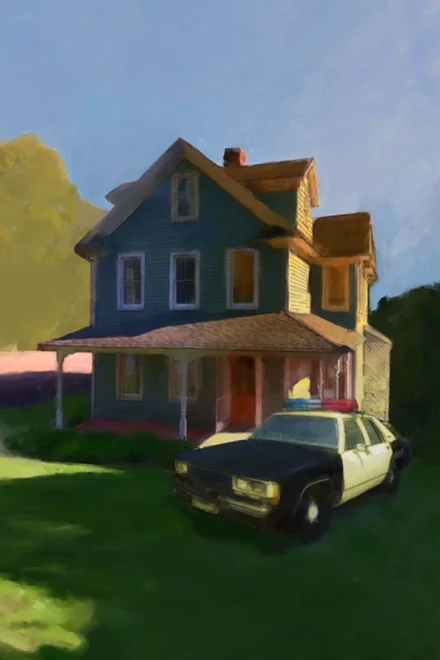 Illustration of a house and a police car