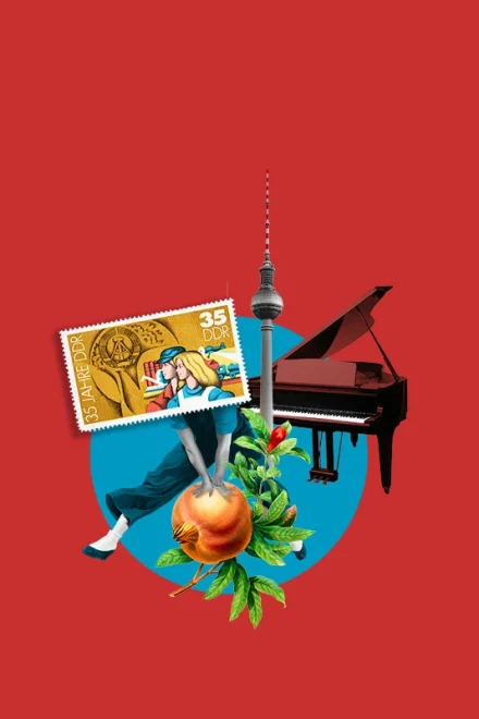 Collage with stamp, Berlin and piano