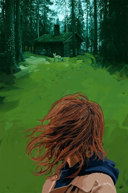 Illustration of a girl in the woods with a cabin and a fox