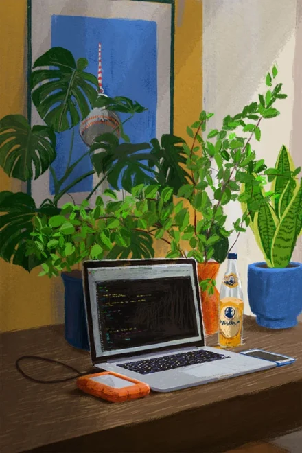 Illustration of a desk with a computer in Berlin