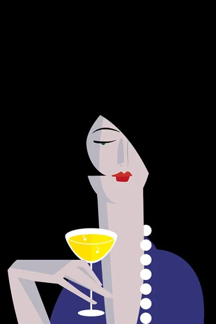 Vector illustration of a woman with a glass of champagne and a pearl necklace