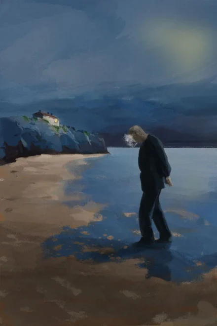 illustration of a man smoking and walking on the beach