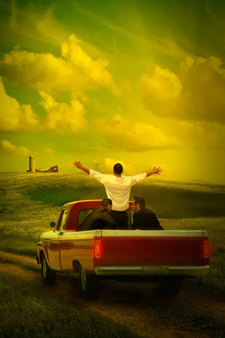Photomontage of three men in the back of a van in a landscape
