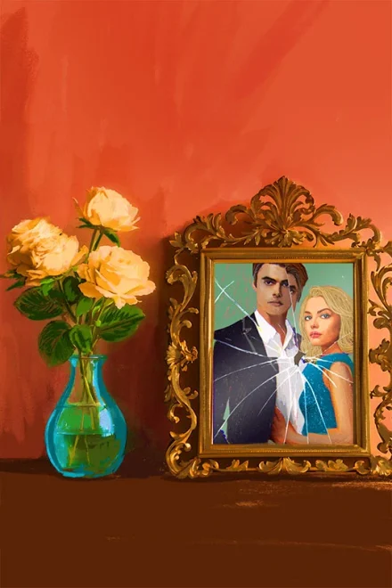 Illustration of a photo frame with a broken couple's photo and a bouquet of flowers in a vase