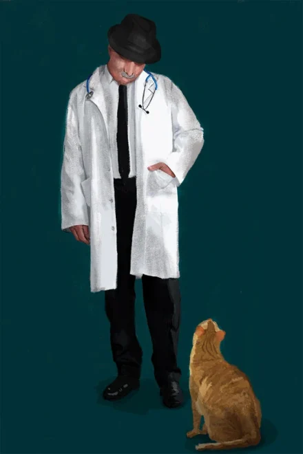 Illustration of a doctor looking at a cat