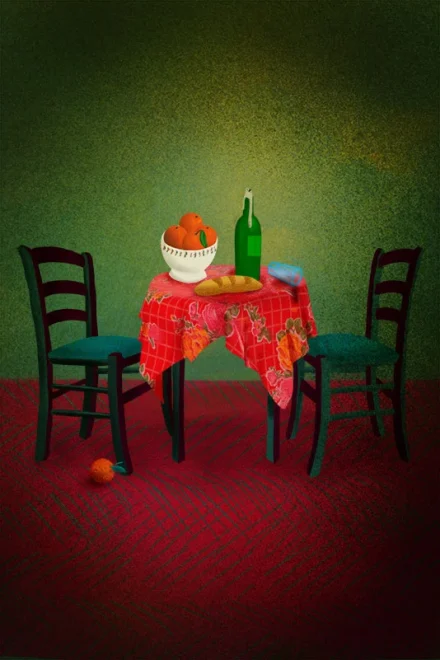 Illustration of a table and two chairs with a bottle, a loaf of bread, and oranges