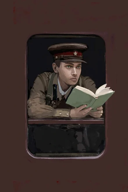Illustration of a soldier at a train window with a book in his hand
