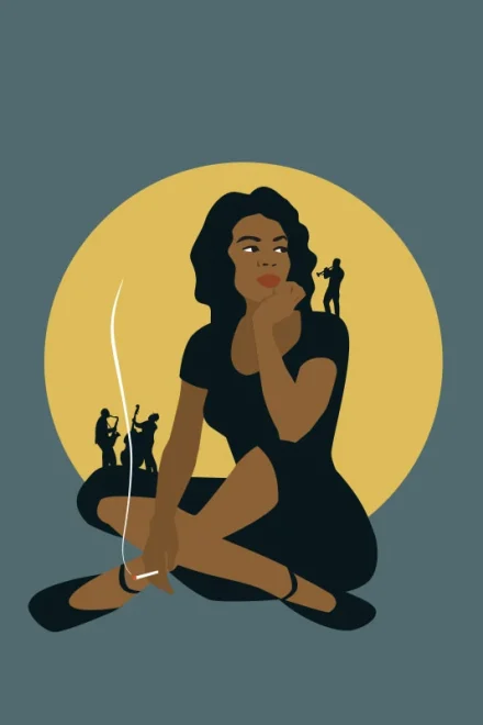 Vector illustration of a woman with jazz musicians