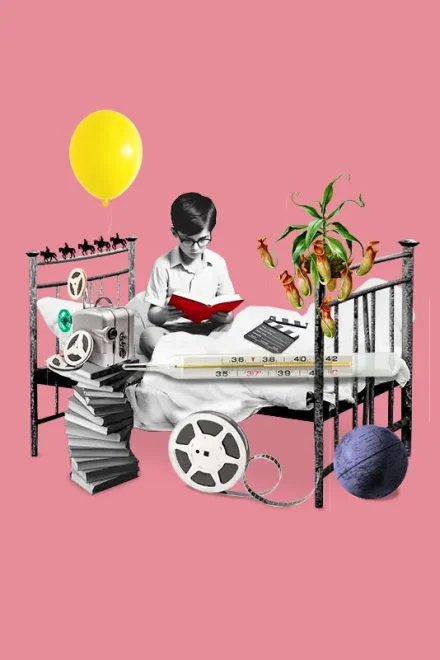 collage of a boy in bed reading a book and surrounded by objects