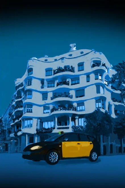 Illustration of a taxi in front of the Casa de la Pedrera in Barcelona
