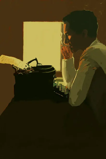 Portrait of J. D. Salinger smoking in front of his typewriter