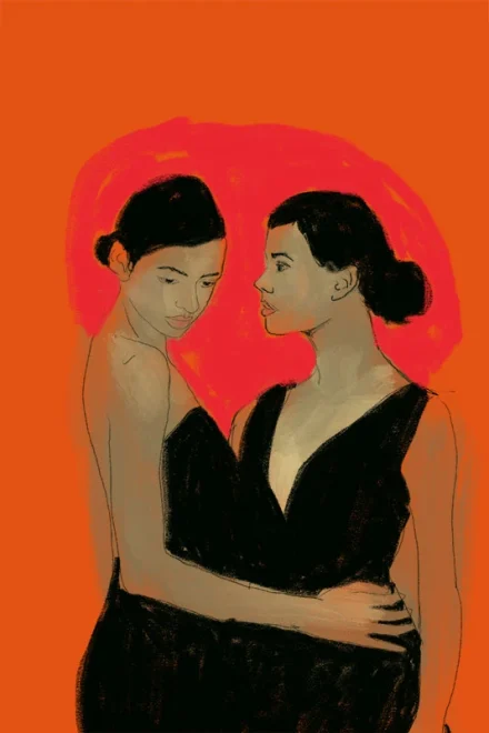 Illustration of 2 girls in the style of Egon Schiele