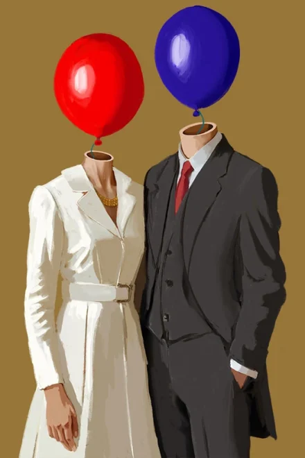 illustration of a classic couple with balloons instead of heads